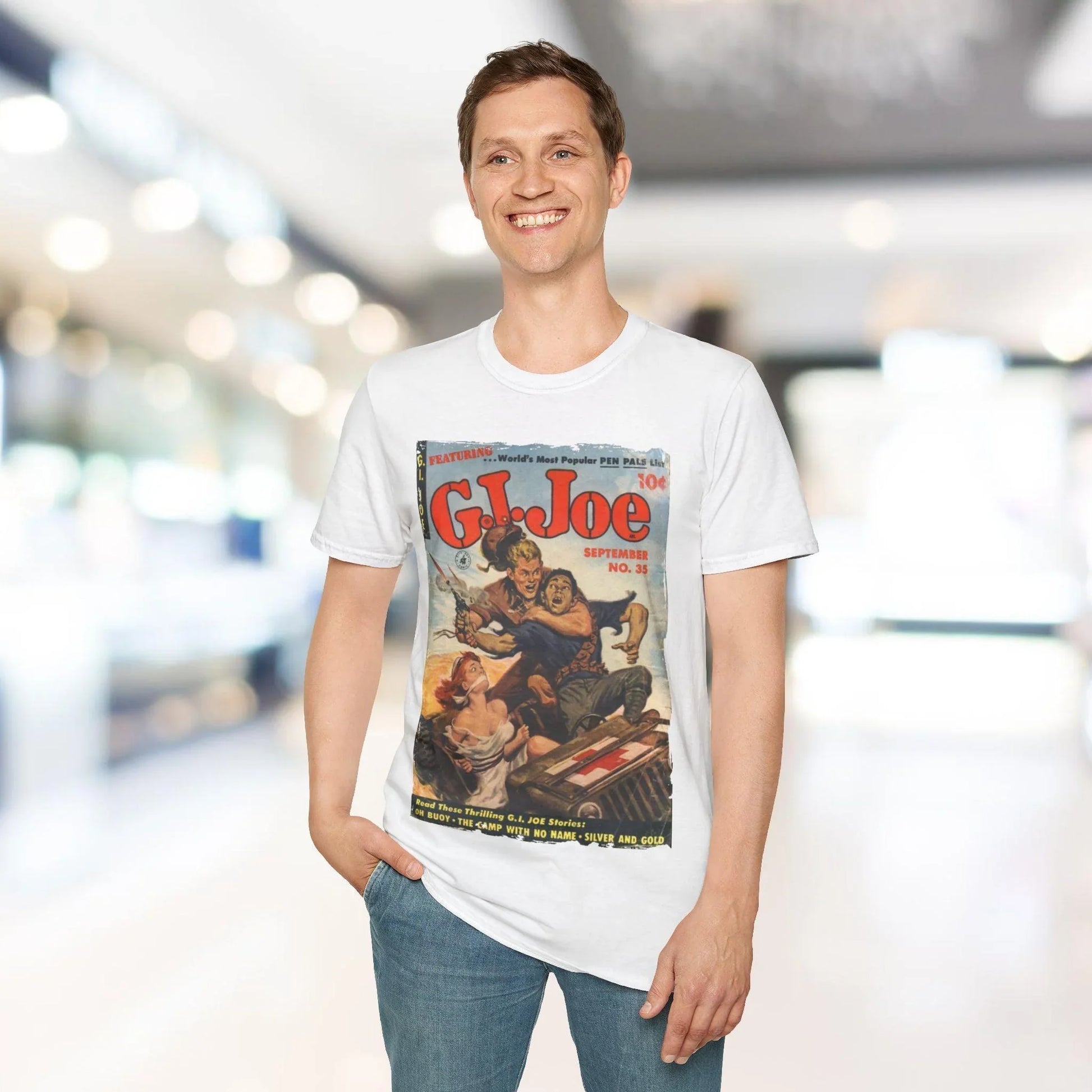 Close-up of the G.I. Joe No.35 softstyle t-shirt's sleek crew neckline and light heather gray fabric texture from an