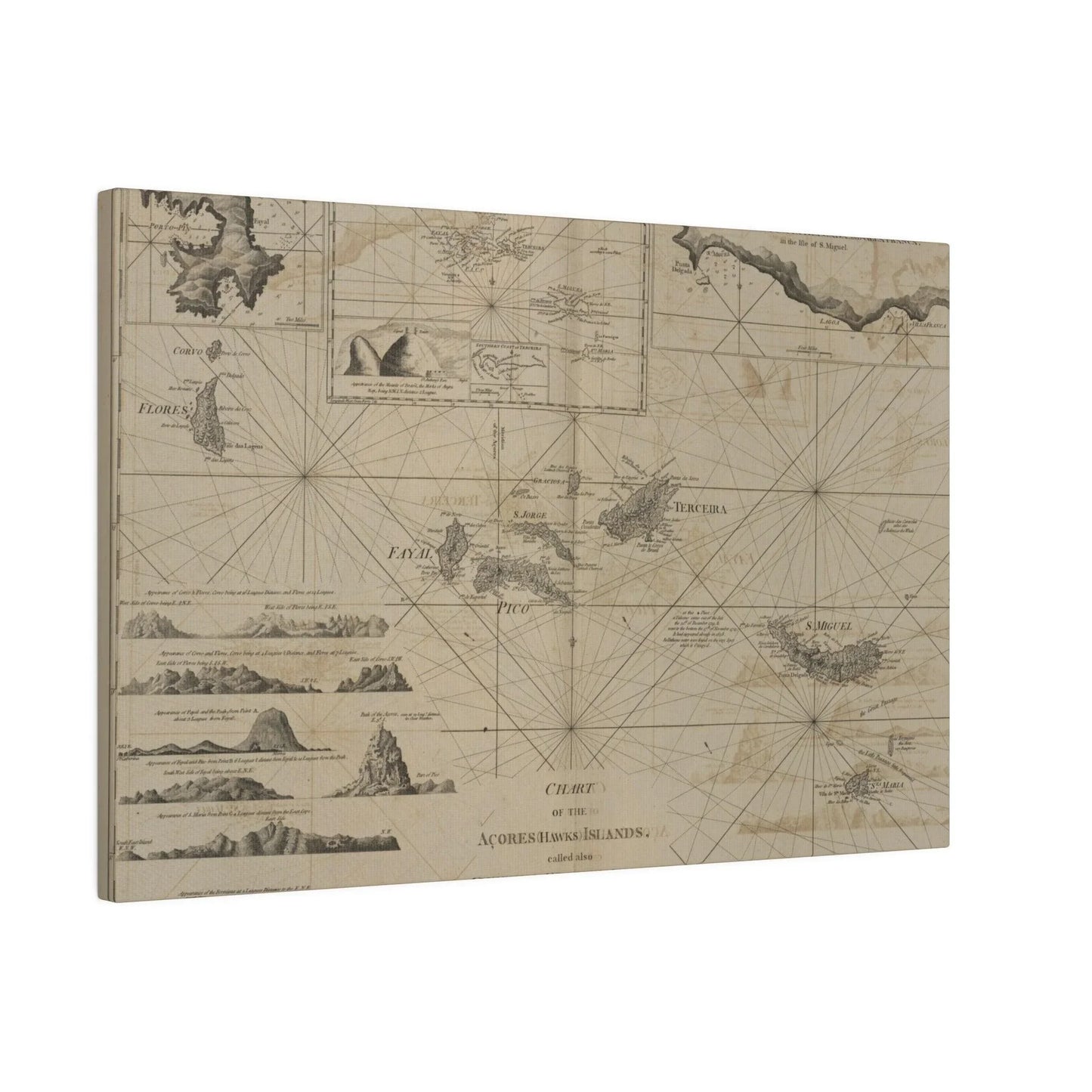 Close-up of the colorful map details highlighting the Azores Islands' terrain contours and vibrant island labels from an