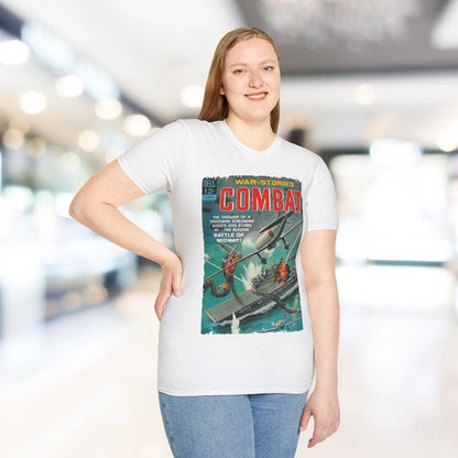 Close-up of the Combat Dec 1963 unisex tee's soft cotton fabric showing subtle heather texture and vibrant navy color