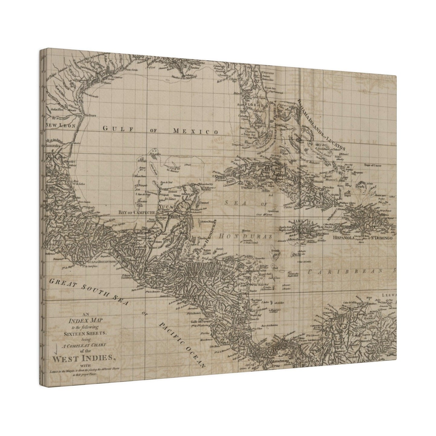 Close-up of the "Chart of the West Indies" canvas showing detailed map labels and intricate coastline outlines in muted