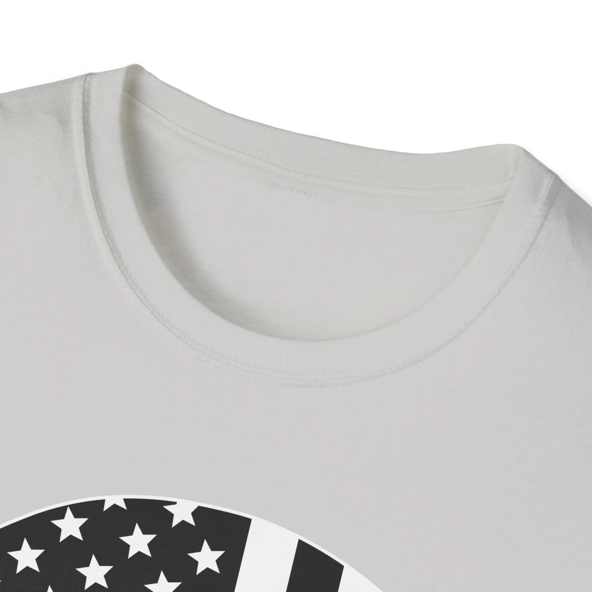 Close-up of the American Skull Flag Black and White graphic on the chest area, showcasing detailed linework on soft cotton