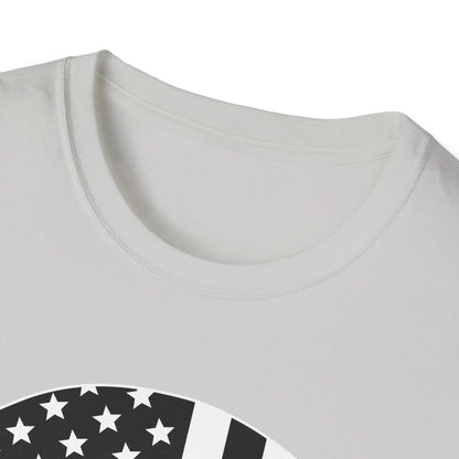 Close-up of the American Skull Flag Black and White graphic on the chest area, showcasing detailed linework on soft cotton