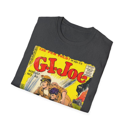 Close-up of the G.I. Joe No.40 unisex softstyle T-shirt’s neckline and smooth fabric texture in olive green color.