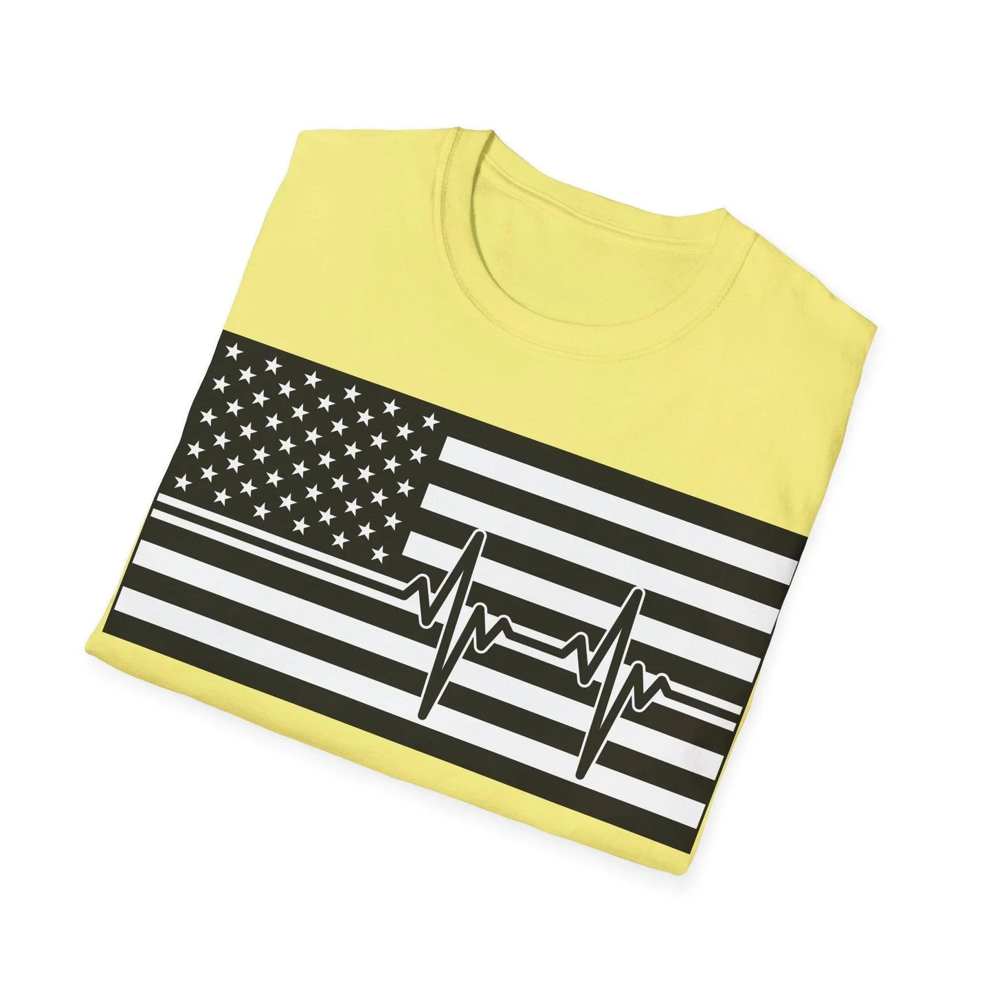 Close-up of the American flag heartbeat design in black and white on soft cotton fabric, highlighting the printed pattern's