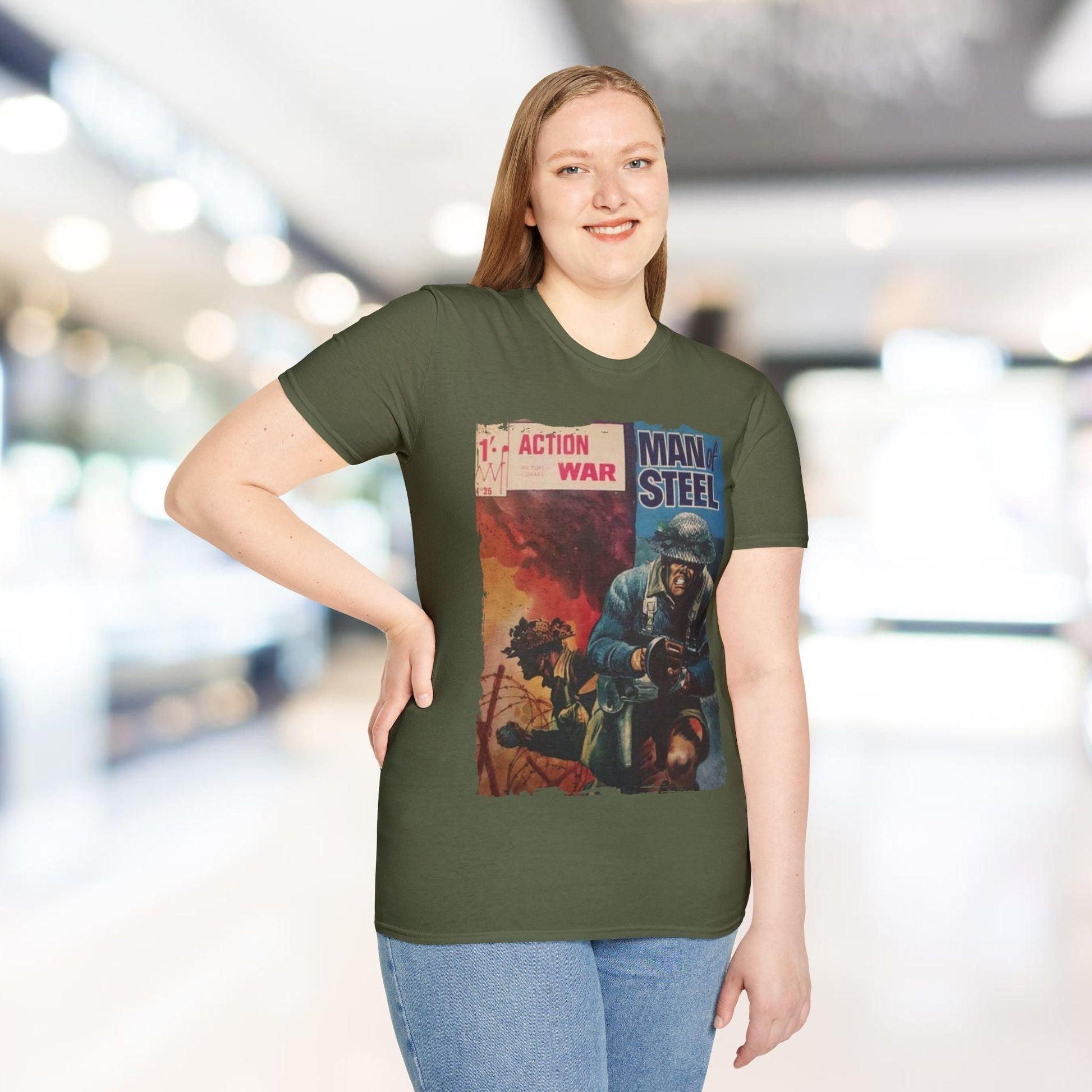 Close-up of the unisex softstyle fabric tag on the chest, displaying the "Action War #25" logo atop the navy blue