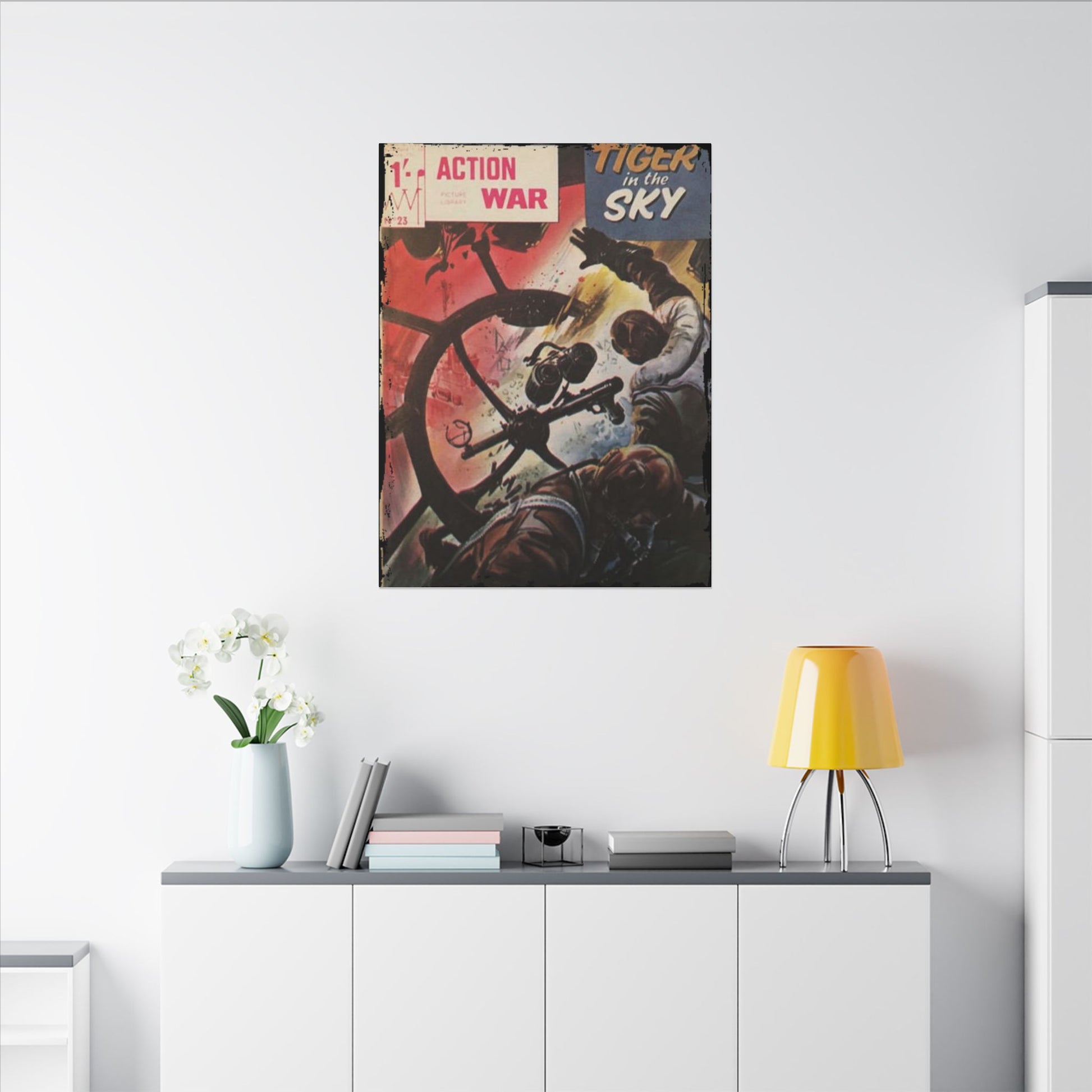 Close-up of the textured canvas surface highlighting the vibrant printed artwork and fine brushstroke details on Action War