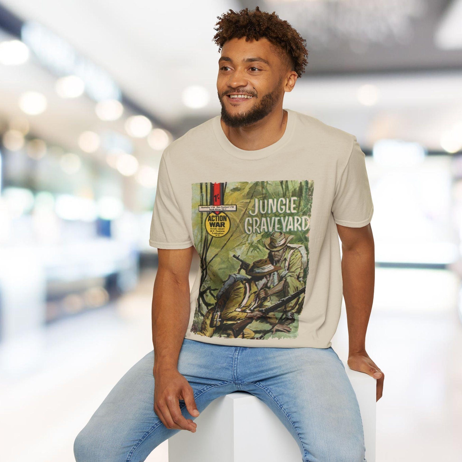 Close-up of the unisex softstyle T-shirt's relaxed fit and navy color, highlighting the smooth cotton-polyester fabric