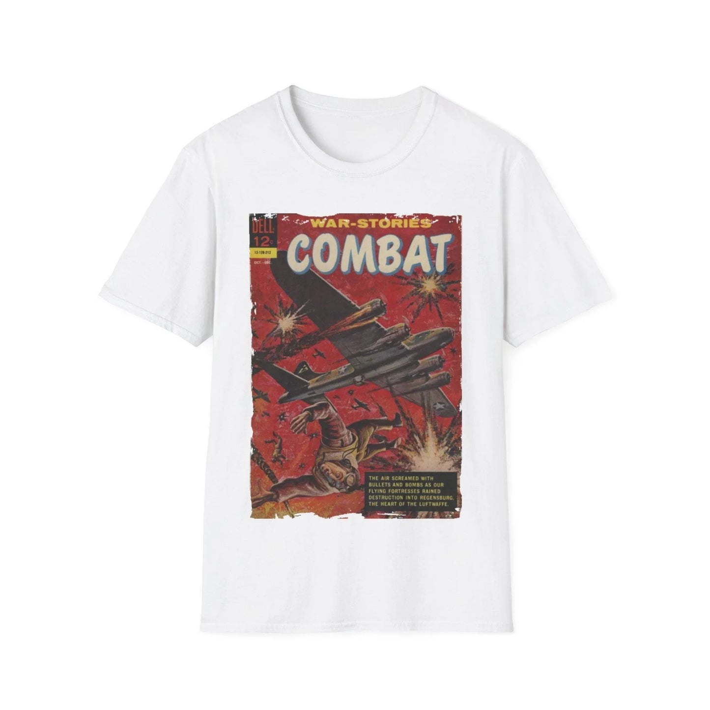 Close-up of the Combat Dec 1962 unisex softstyle T-shirt's vibrant navy fabric showcasing smooth texture and fine stitching