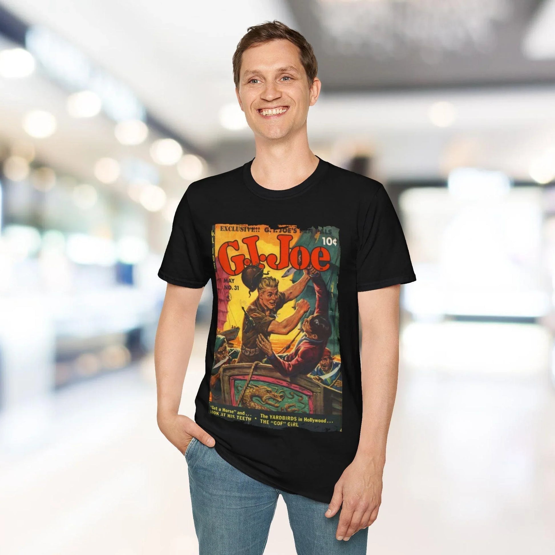 Close-up of the G.I. Joe No.31 T-shirt’s navy fabric, showing textured softstyle cotton and reinforced crew neckline detail.