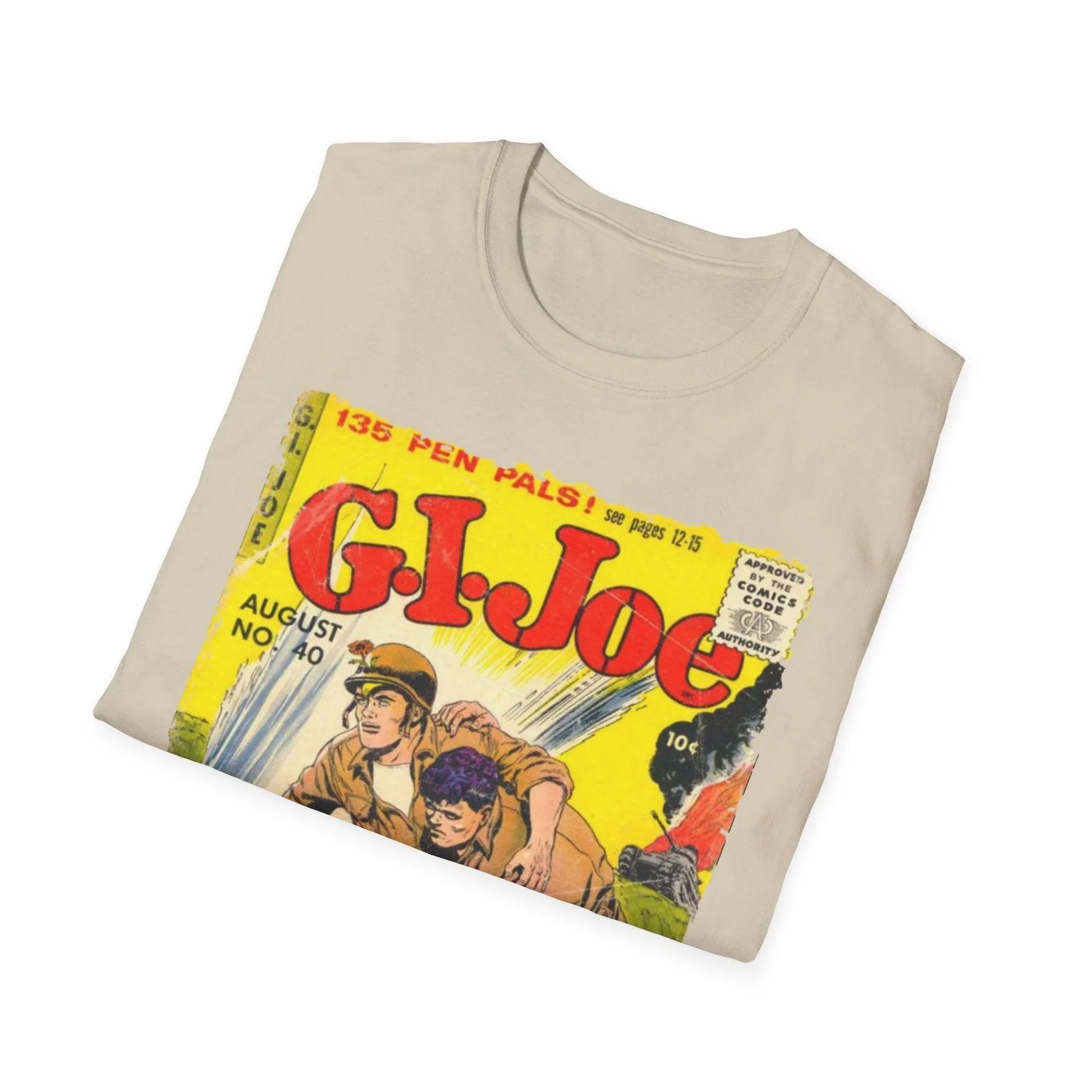 Close-up of the G.I. Joe No.40 softstyle T-shirt's chest logo embroidered on lightweight cotton fabric with a relaxed fit
