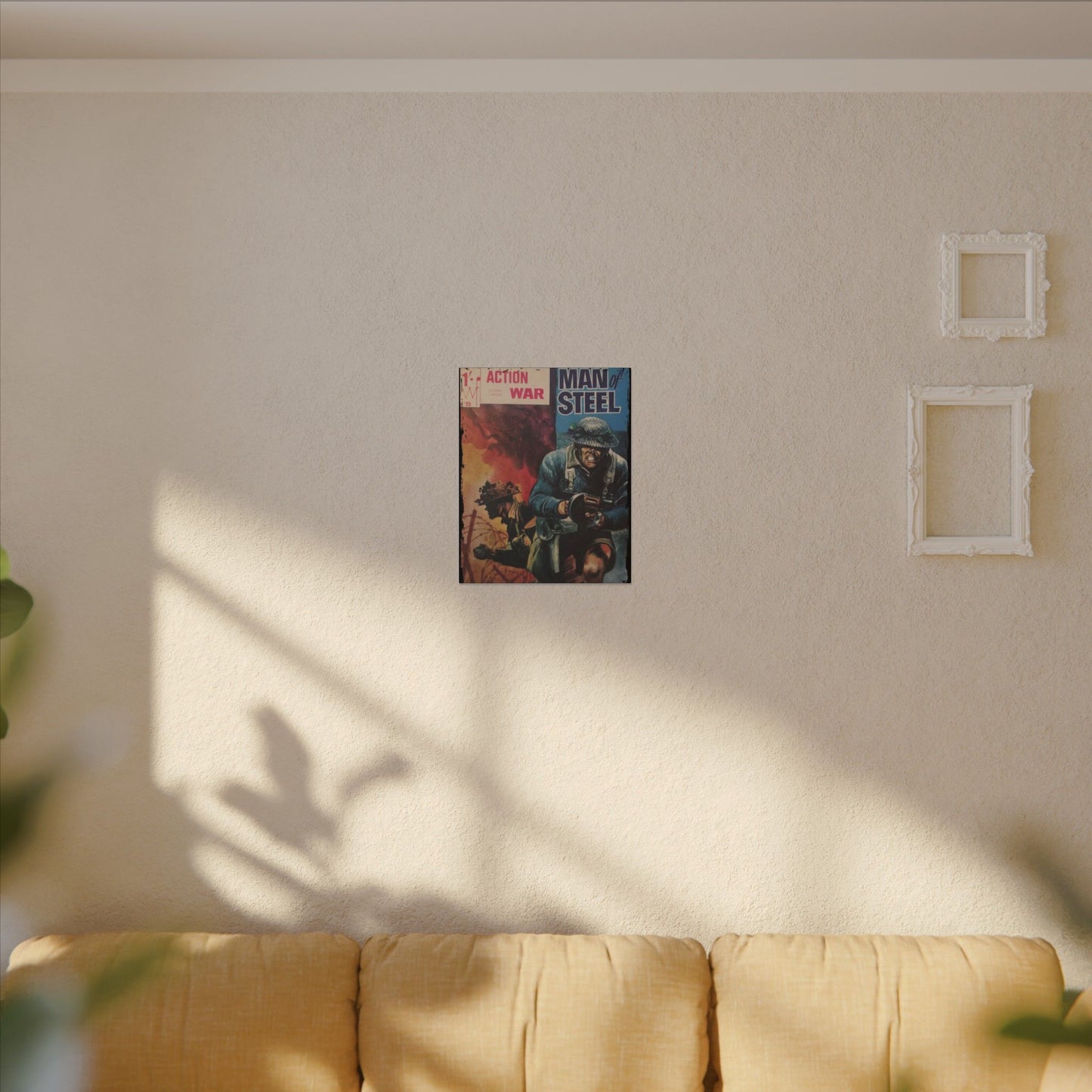 Close-up of the canvas texture highlighting the detailed print of Action War #25 with vibrant colors and fine ink lines