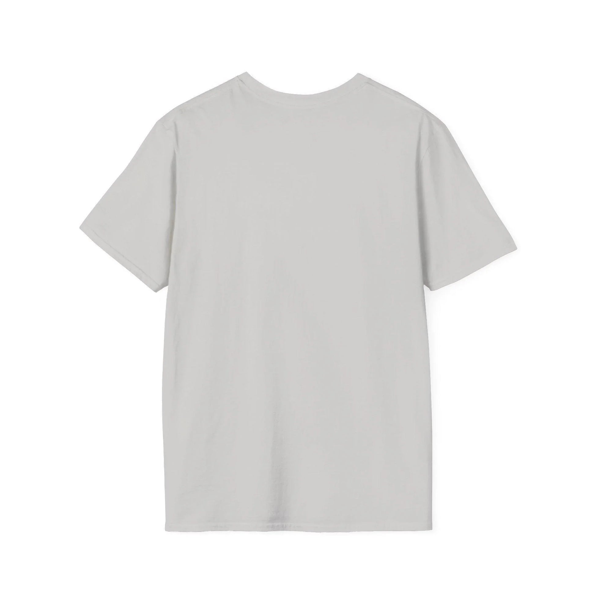 Close-up of the white unisex softstyle T-shirt’s inner neckline tag and stitched seams from a slightly elevated angle.