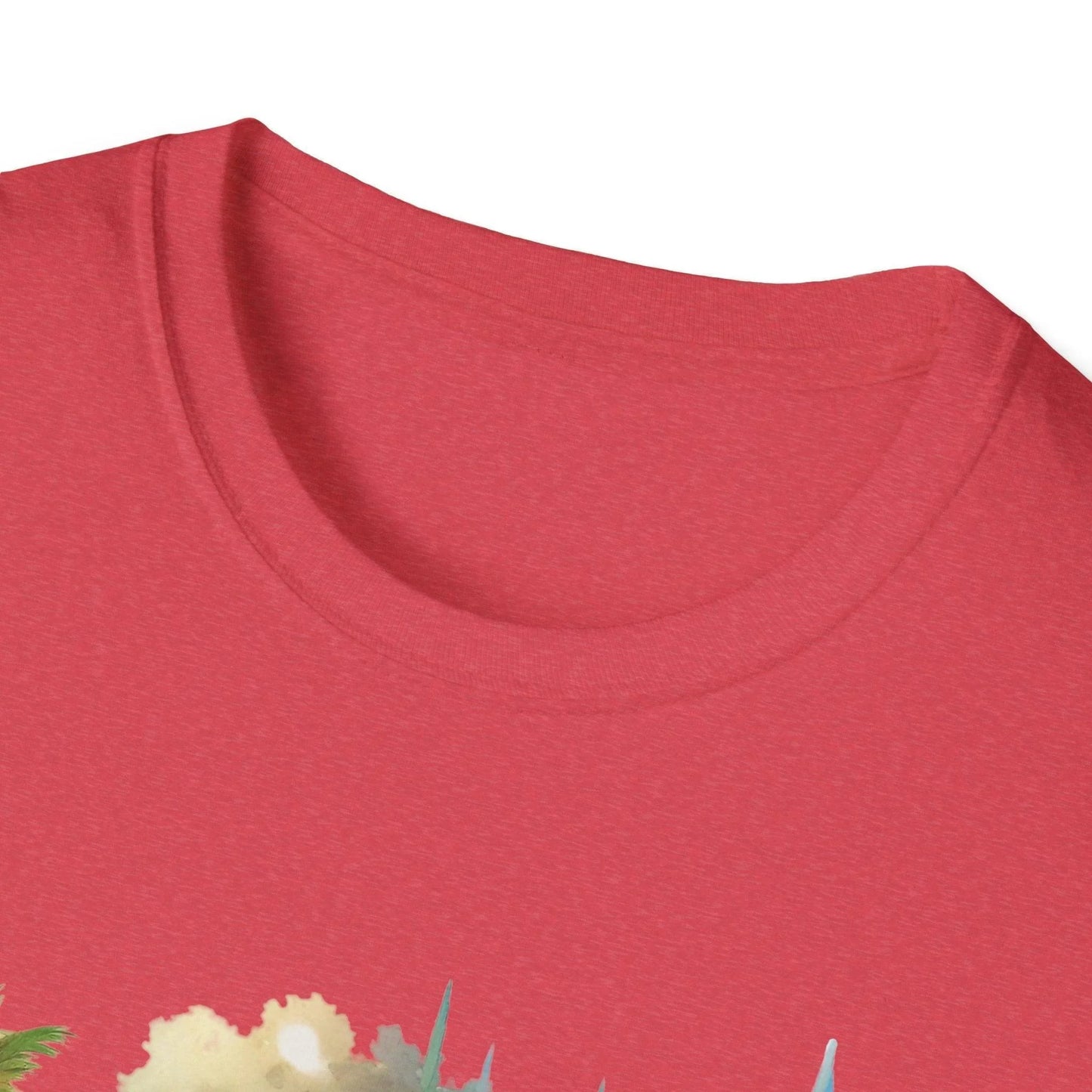 Close-up of the unisex softstyle T-shirt fabric showing smooth cotton blend texture and the stitched neckline detail from a