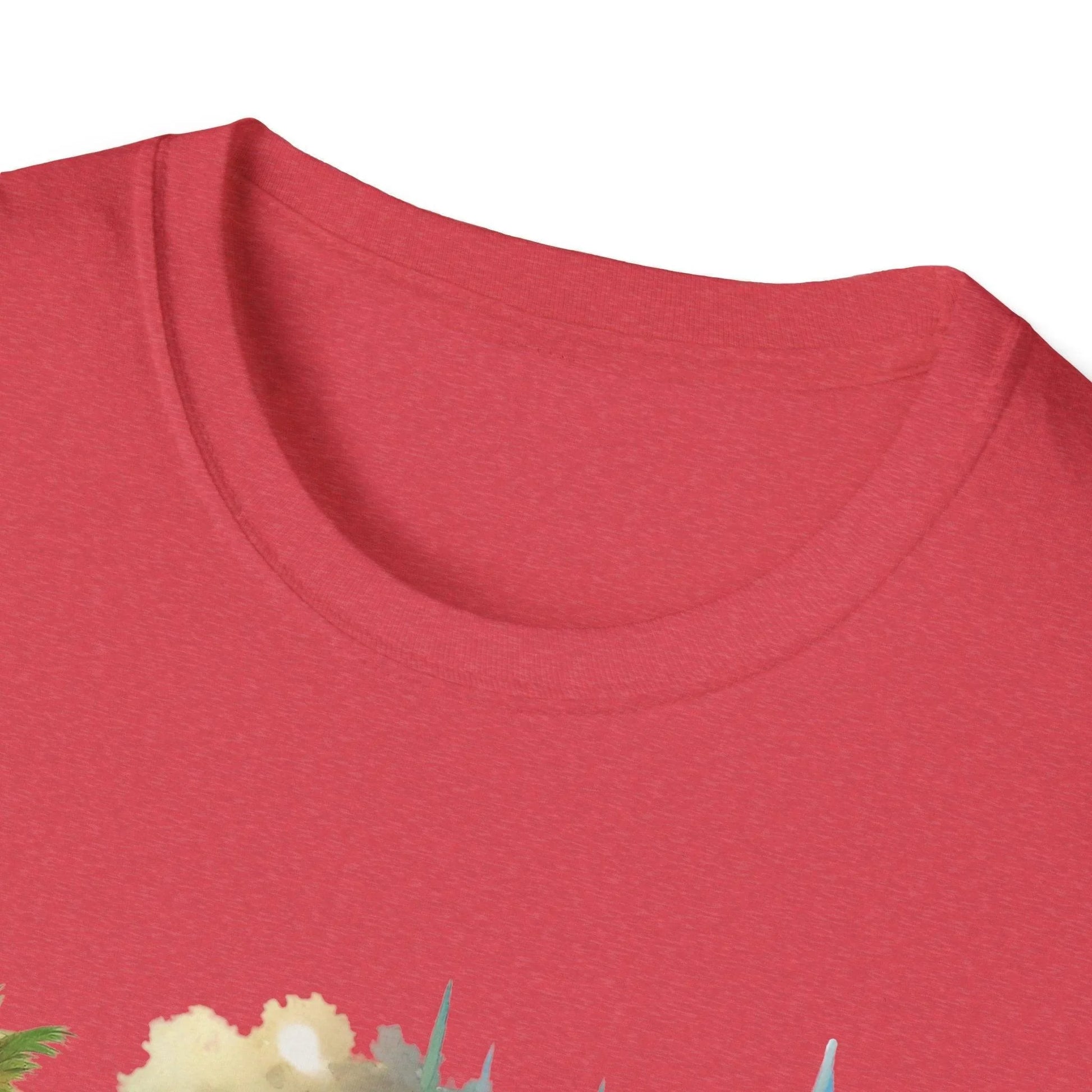 Close-up of the unisex softstyle T-shirt fabric showing smooth cotton blend texture and the stitched neckline detail from a