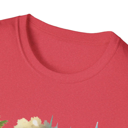 Close-up of the unisex softstyle T-shirt fabric showing smooth cotton blend texture and the stitched neckline detail from a