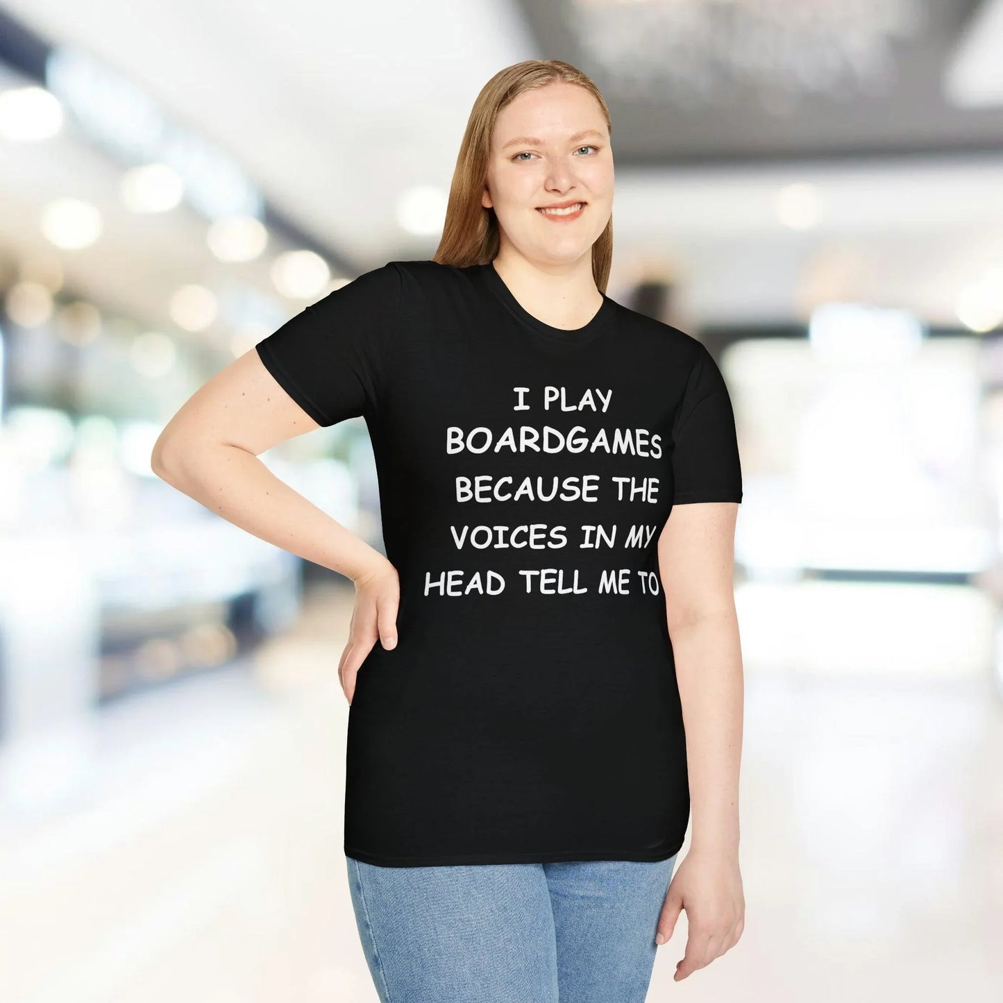 Close-up of the White I Play Boardgames T-shirt's soft, smooth fabric with visible stitching along the relaxed neckline and