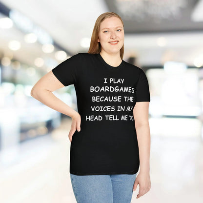 Close-up of the White I Play Boardgames T-shirt's soft, smooth fabric with visible stitching along the relaxed neckline and