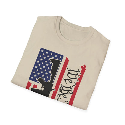 Close-up of the distressed American flag print with vibrant colors and textured fabric details on the softstyle t-shirt