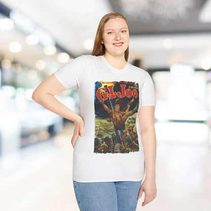 Close-up of the G.I. Joe No.10 Apr unisex softstyle T-shirt's white sewn-in label on the relaxed-fit fabric with a hint of