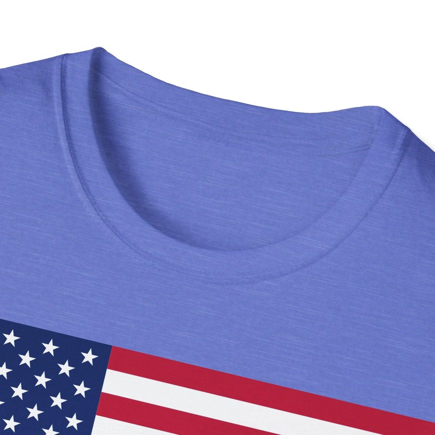Close-up of the American Flag Heartbeat T-Shirt's soft cotton fabric and relaxed fit, showcasing the vibrant red, white, and