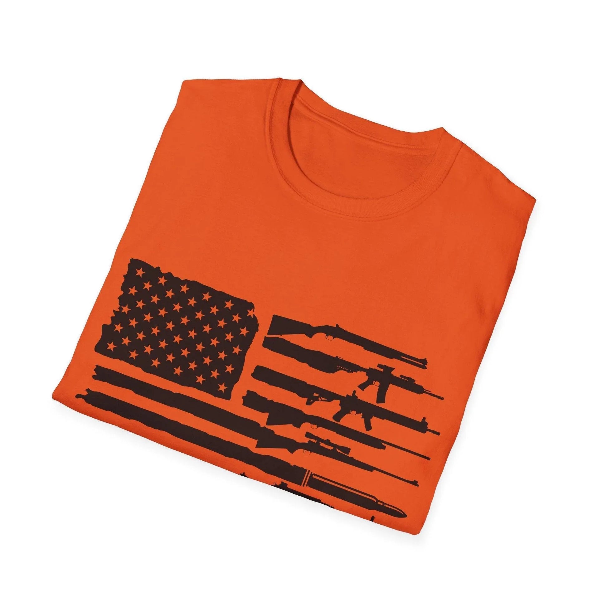 Close-up of black and white American flag gun graphic on chest area, highlighting intricate line details and crisp print on