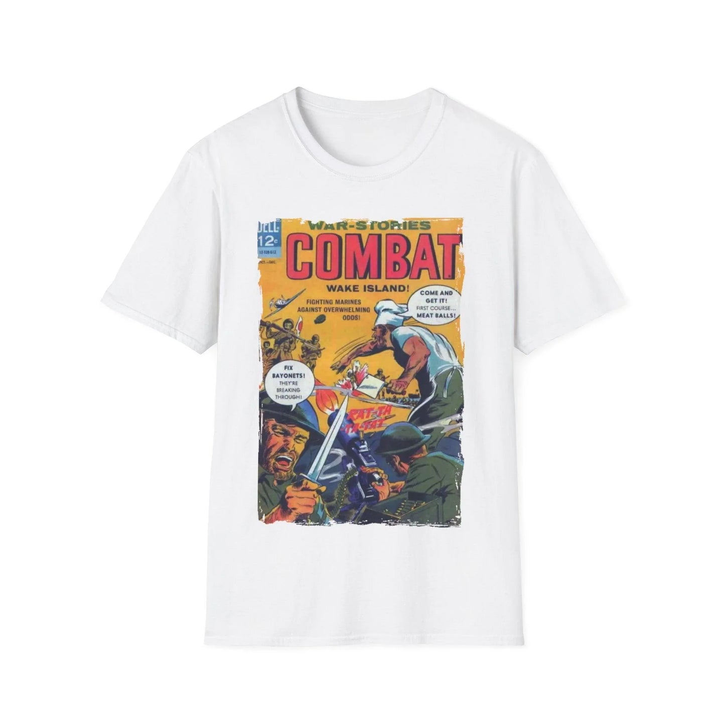 Front detail of the unisex softstyle T-shirt, showing the relaxed fit, heather olive color, and ribbed crew neckline from a