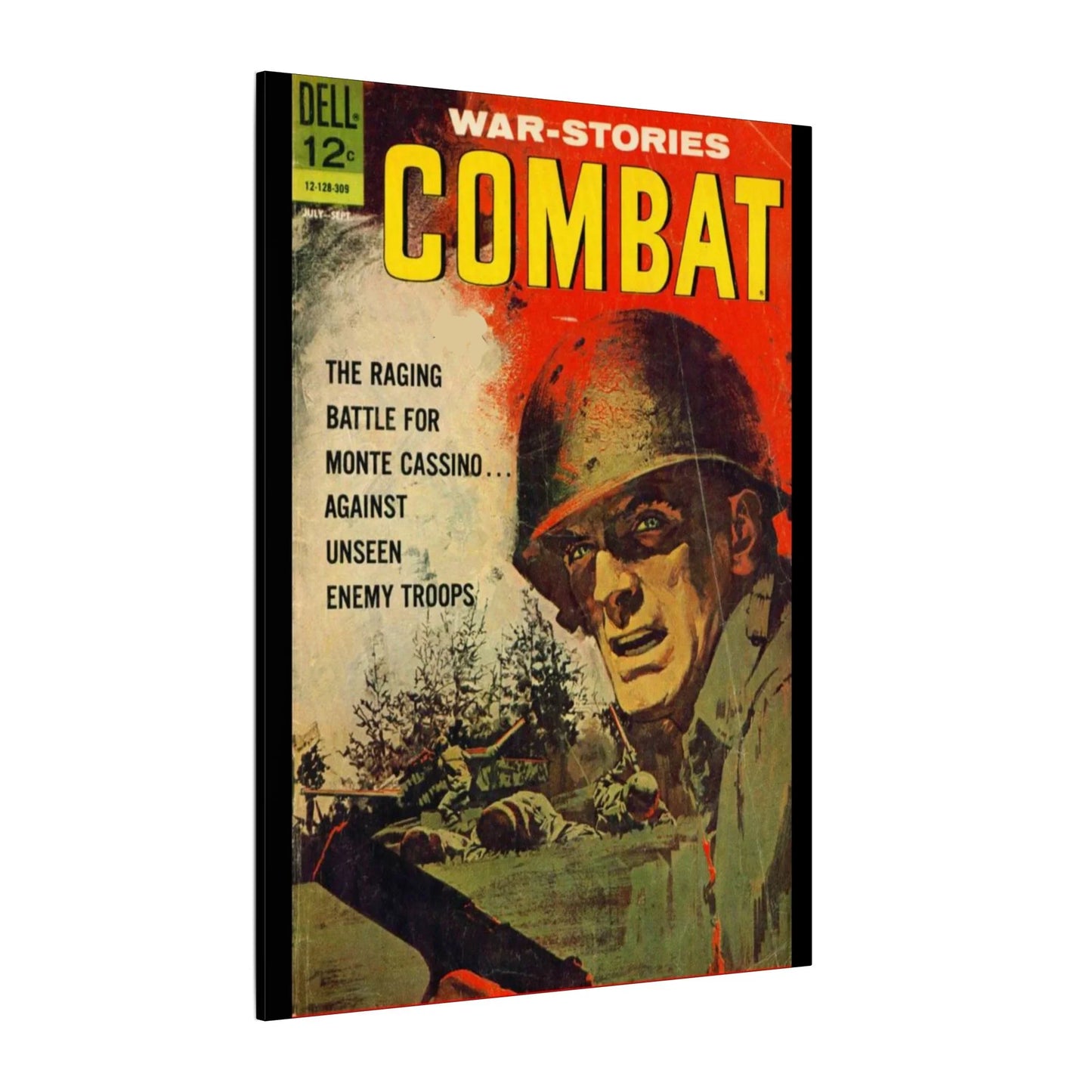 Close-up of the canvas texture and detailed "Combat, Sept 1963" print with subtle color variations highlighting vintage