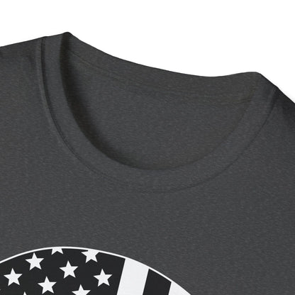 Close-up of the American Skull Flag B&W T-Shirt's black fabric emphasizing the soft, smooth cotton blend and relaxed fit