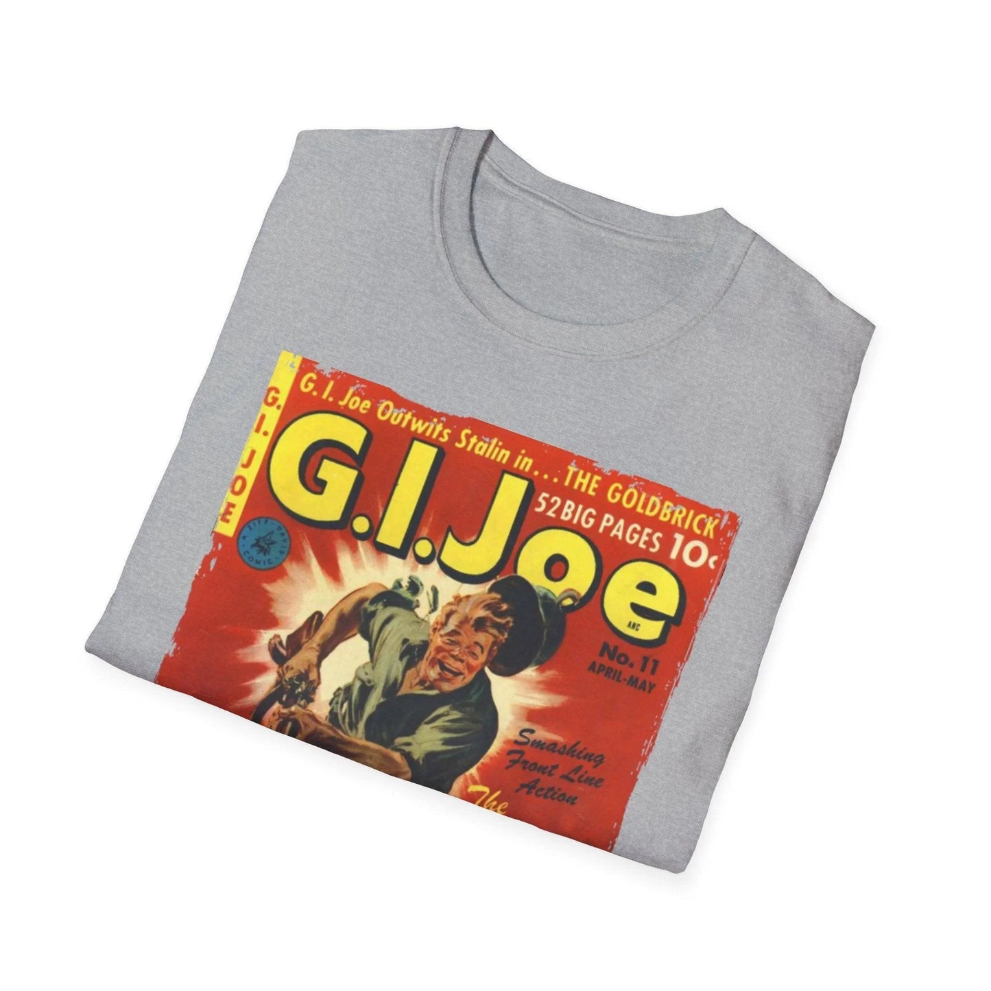 Close-up of the G.I. Joe No.11 Apr T-shirt neckline featuring softcotton fabric and relaxed fit in heather gray color.