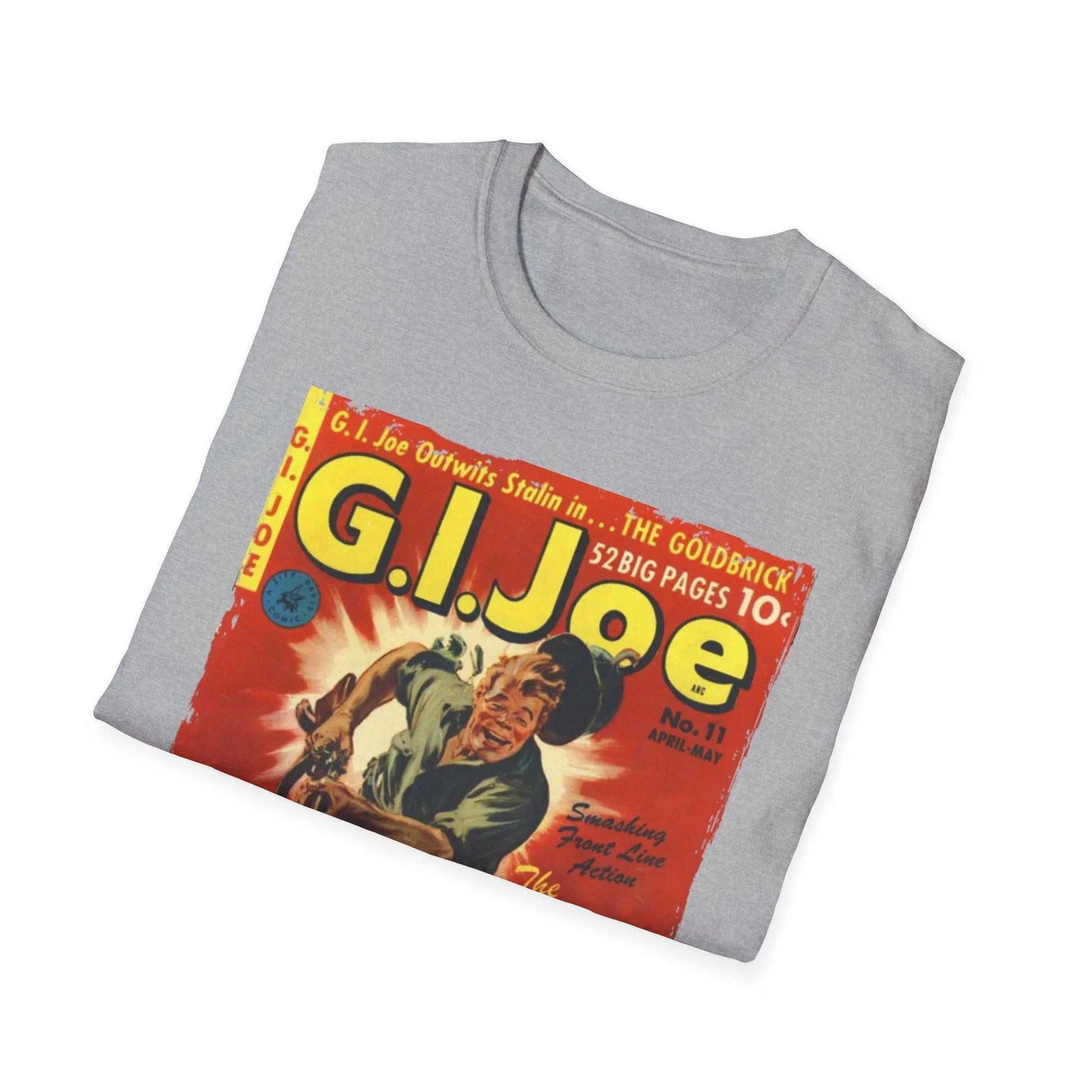 Close-up of the G.I. Joe No.11 Apr T-shirt neckline featuring softcotton fabric and relaxed fit in heather gray color.