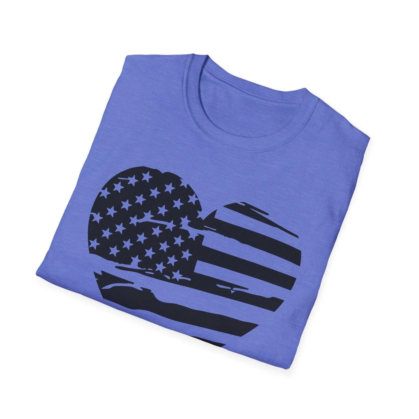 Close-up of the American Heart B&W unisex softstyle T-shirt's textured fabric, highlighting the slim fit and fine-knit