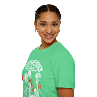 Close-up of the unisex softstyle T-shirt collar highlighting the smooth stitching and subtle fabric texture in deep navy