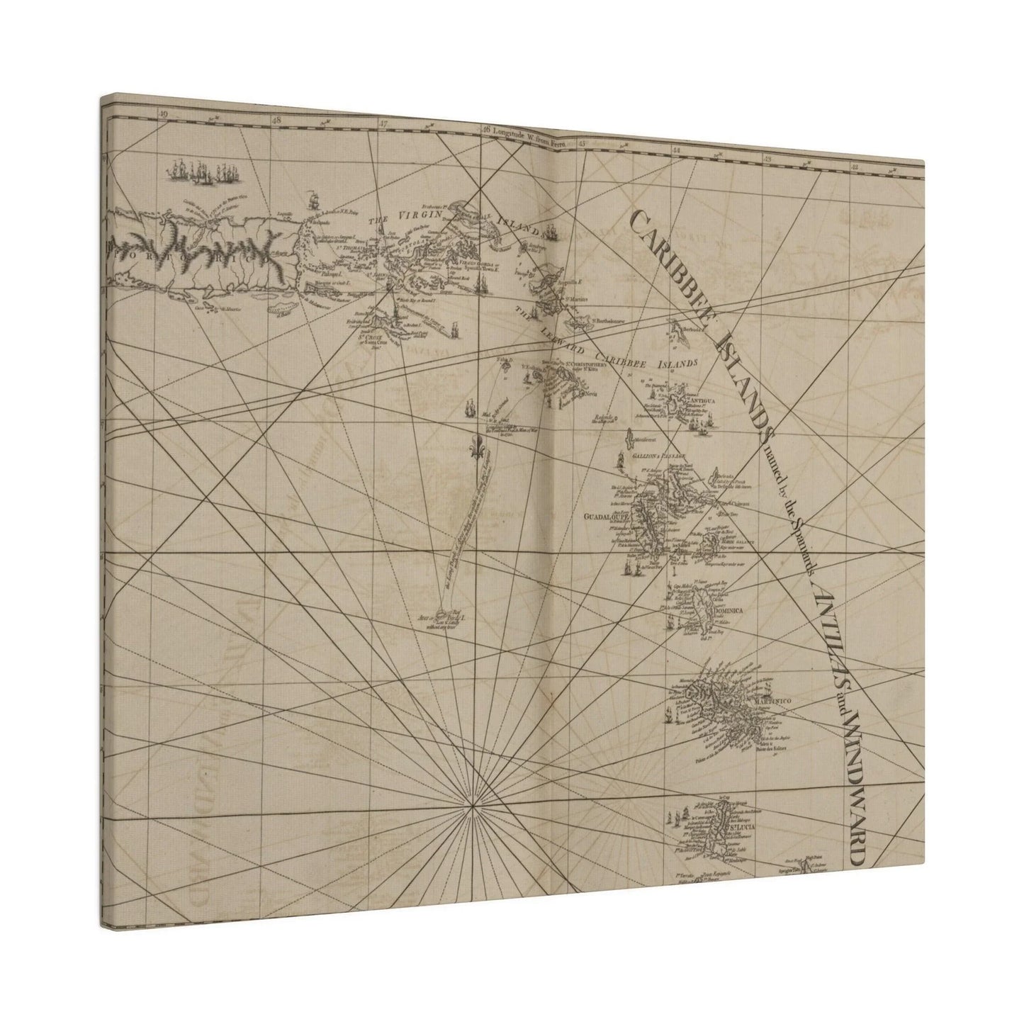 Close-up of textured canvas featuring detailed print of Caribbee Island and surrounding Virgin Islands, showcasing vibrant