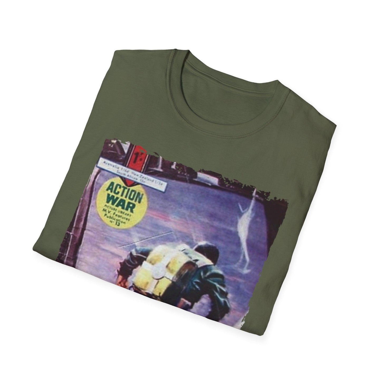 Close-up of the unisex softstyle T-shirt's relaxed fit and vibrant navy color, highlighting the smooth cotton fabric and