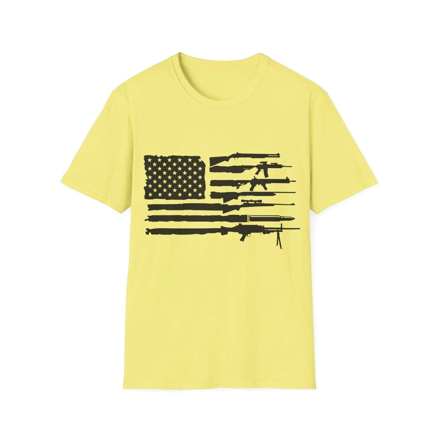 Close-up of the American Flag Guns B&W graphic printed on the chest area of the unisex softstyle T-shirt, highlighting the