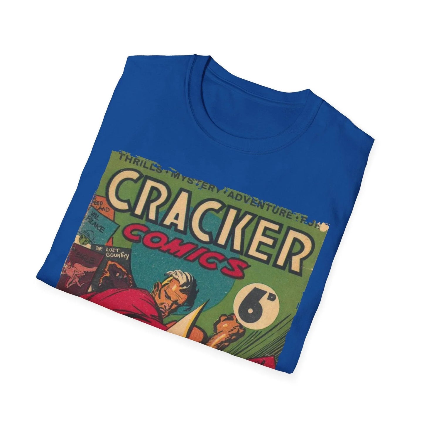 Close-up of the Cracker 1943 unisex softstyle T-shirt's collar and shoulder seam, showcasing smooth stitching and relaxed