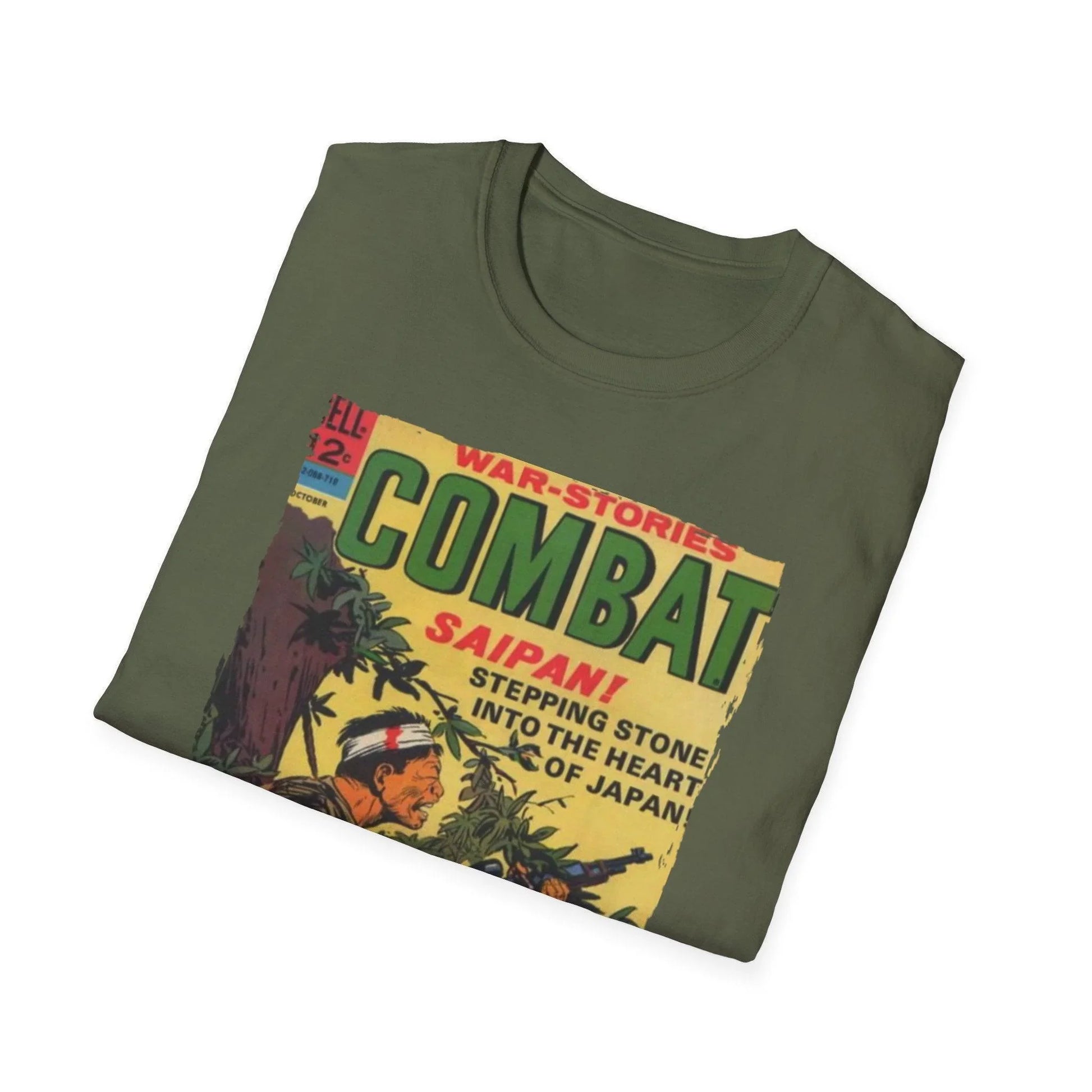 Close-up of the Combat Oct 1967 T-shirt's soft cotton fabric with visible stitching and a relaxed fit neckline from a