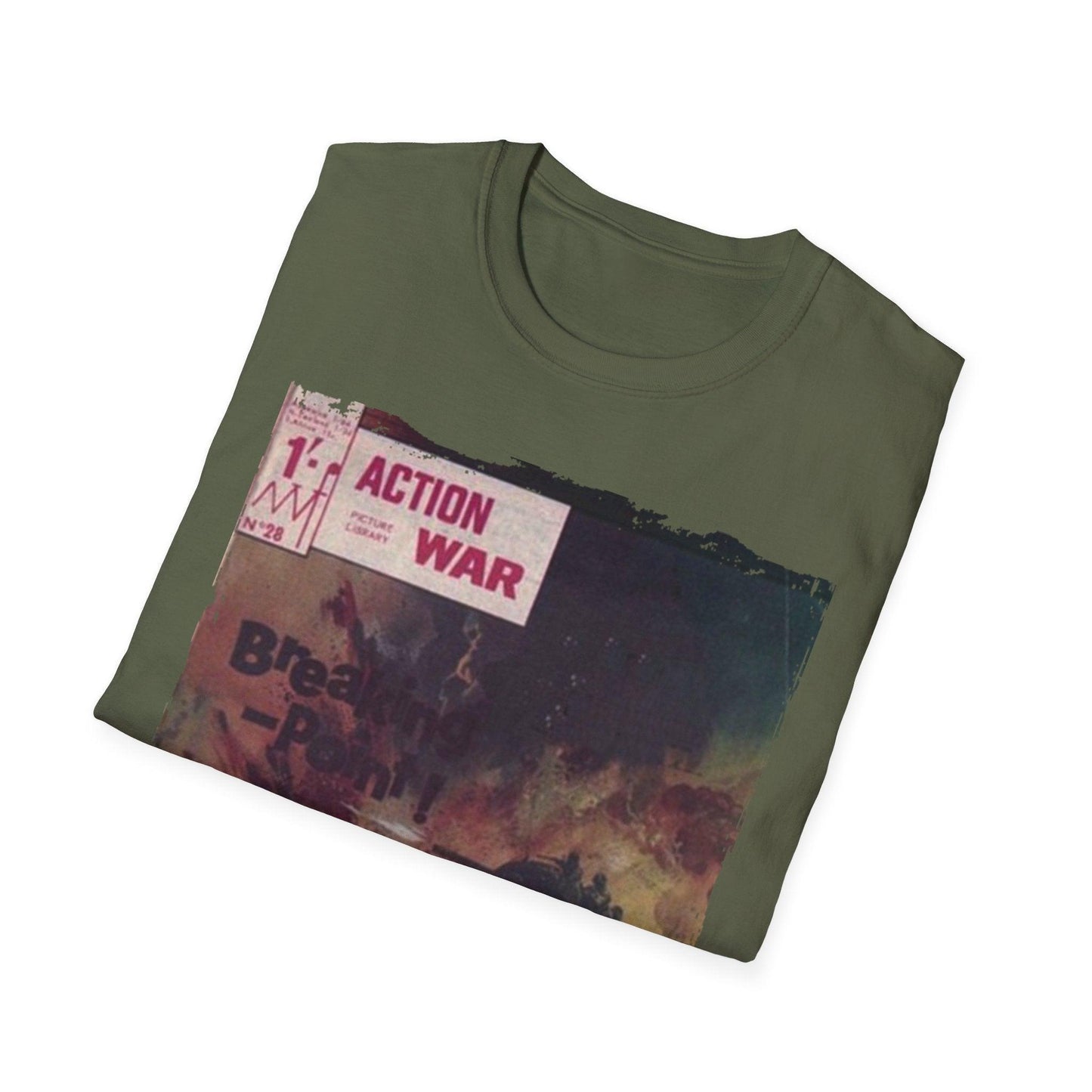 Close-up of the unisex softstyle T-shirt's smooth fabric texture and subtle heathered indigo color from a front lower corner