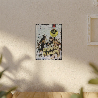 Close-up of the vintage "Action War #7" canvas comic cover showing detailed ink lines and bold color contrasts at a slight