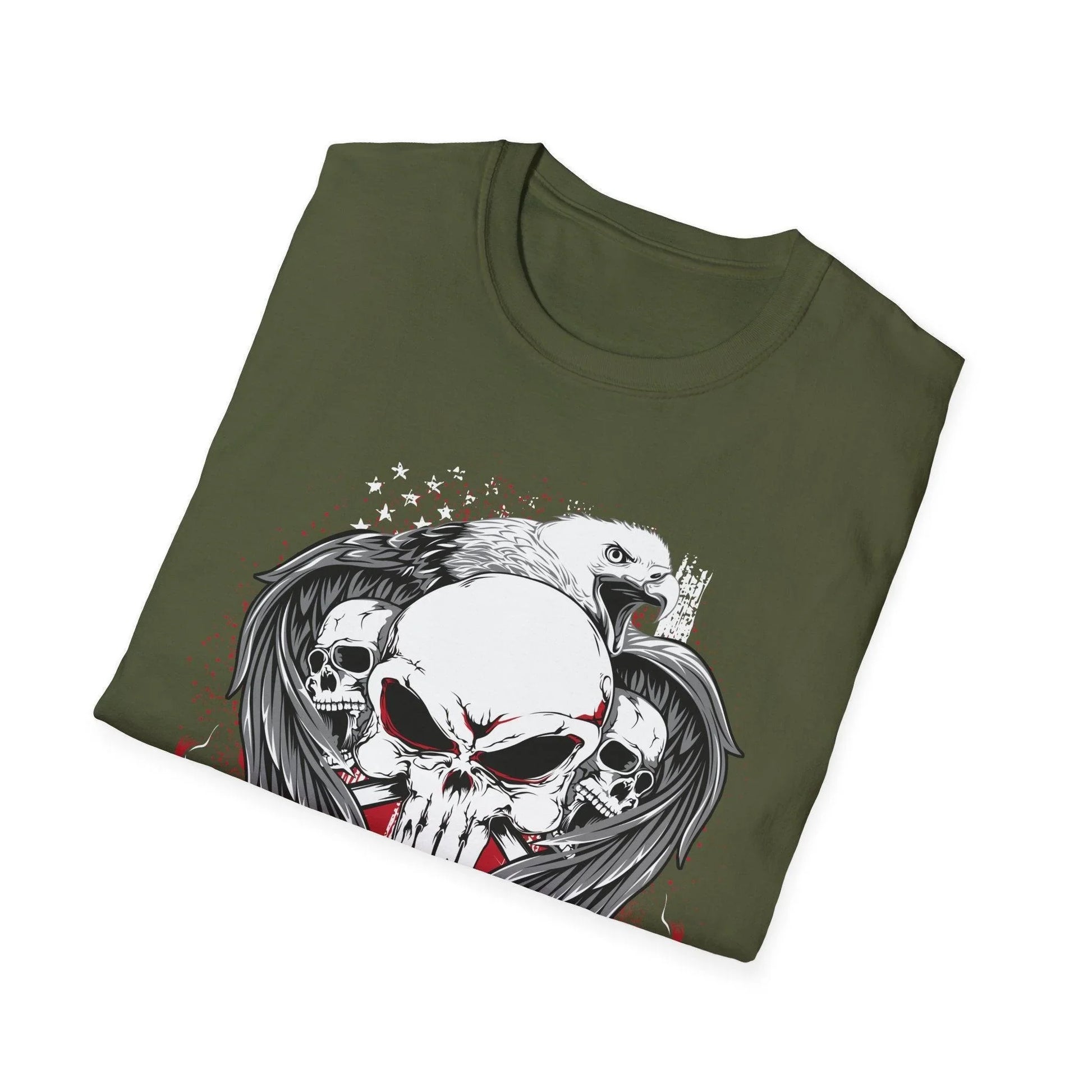 Close-up of the unisex softstyle cotton fabric and relaxed fit, showcasing the heather navy color and stitched neckline