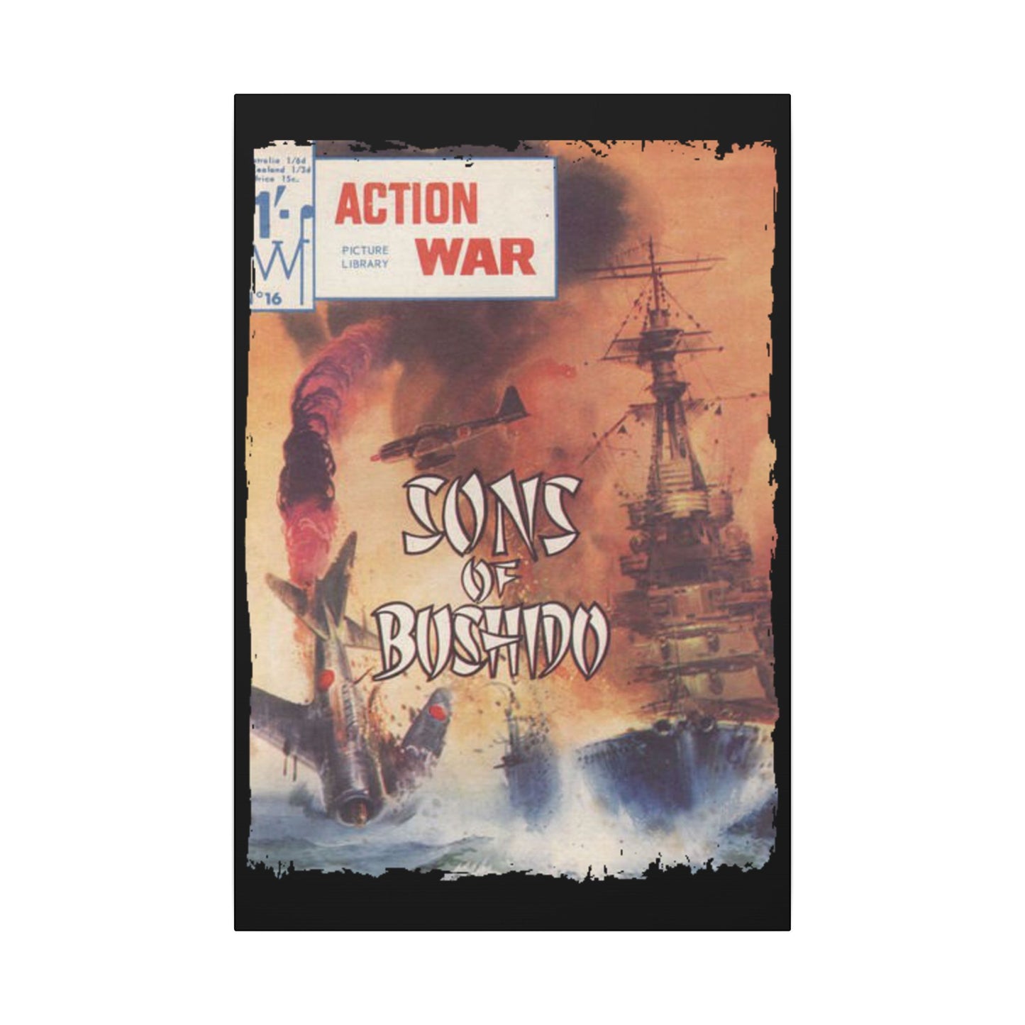 Close-up of the canvas surface highlighting textured brushstrokes and detailed print finish of Action War #16 comic book