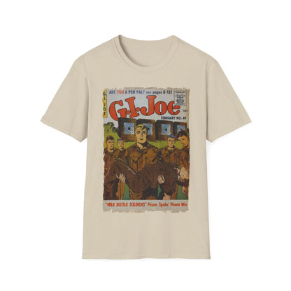 Close-up of the G.I. Joe No.49 unisex softstyle T-shirt label highlighting fabric composition and relaxed fit details