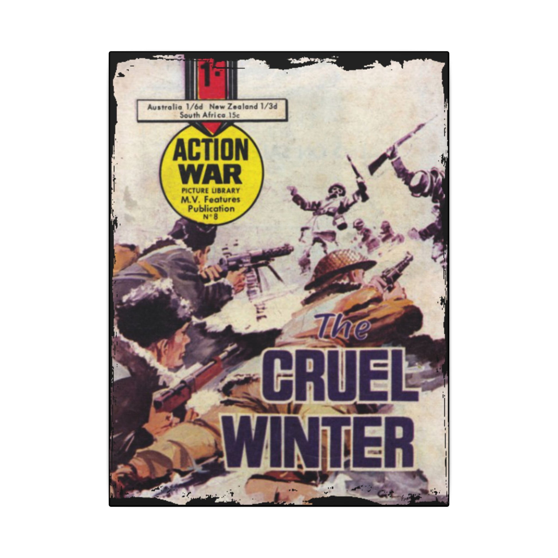 Close-up of "Action War #8" comic book cover highlighting vibrant colors, detailed illustration, and textured canvas finish