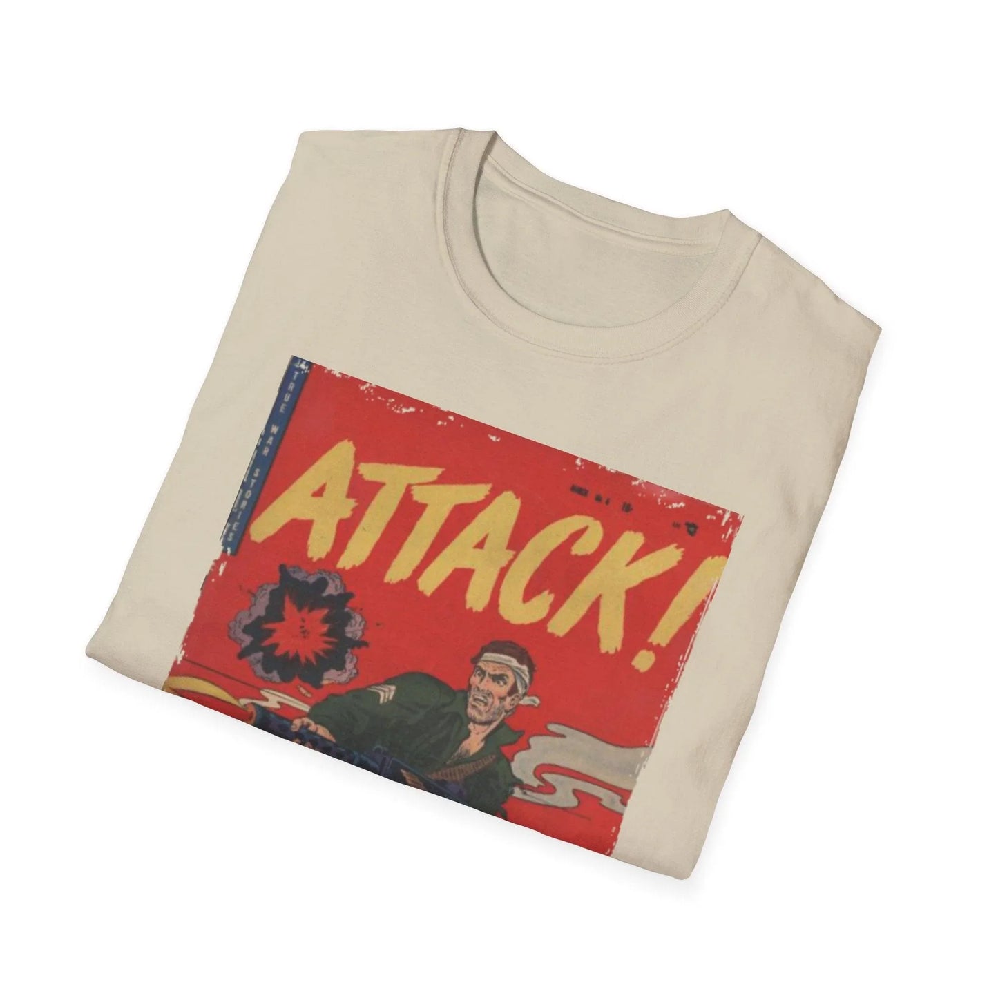 Close-up of the Attack! No. 6 unisex softstyle T-shirt fabric showing relaxed fit, heather gray color, crew neckline, and
