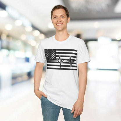 Close-up of the T-shirt's crew neckline highlighting the smooth fabric and contrasting black and white American flag