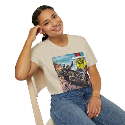 Close-up of the unisex softstyle fabric label stitched on the relaxed-fit, charcoal gray T-shirt’s sleeve cuff detail.