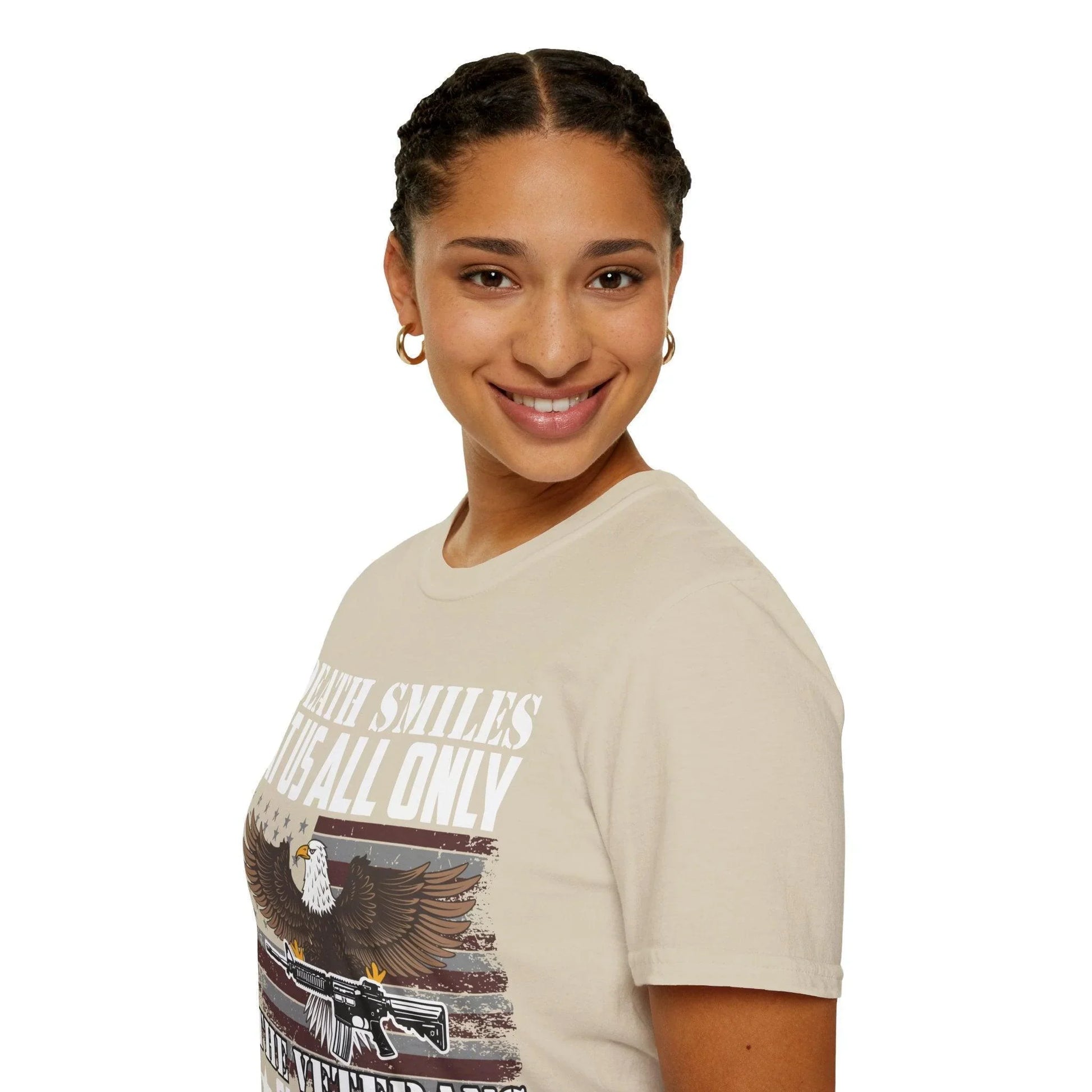 Close-up of the Death Smiles T-Shirt’s soft cotton fabric showing subtle heather texture and relaxed fit neckline from a