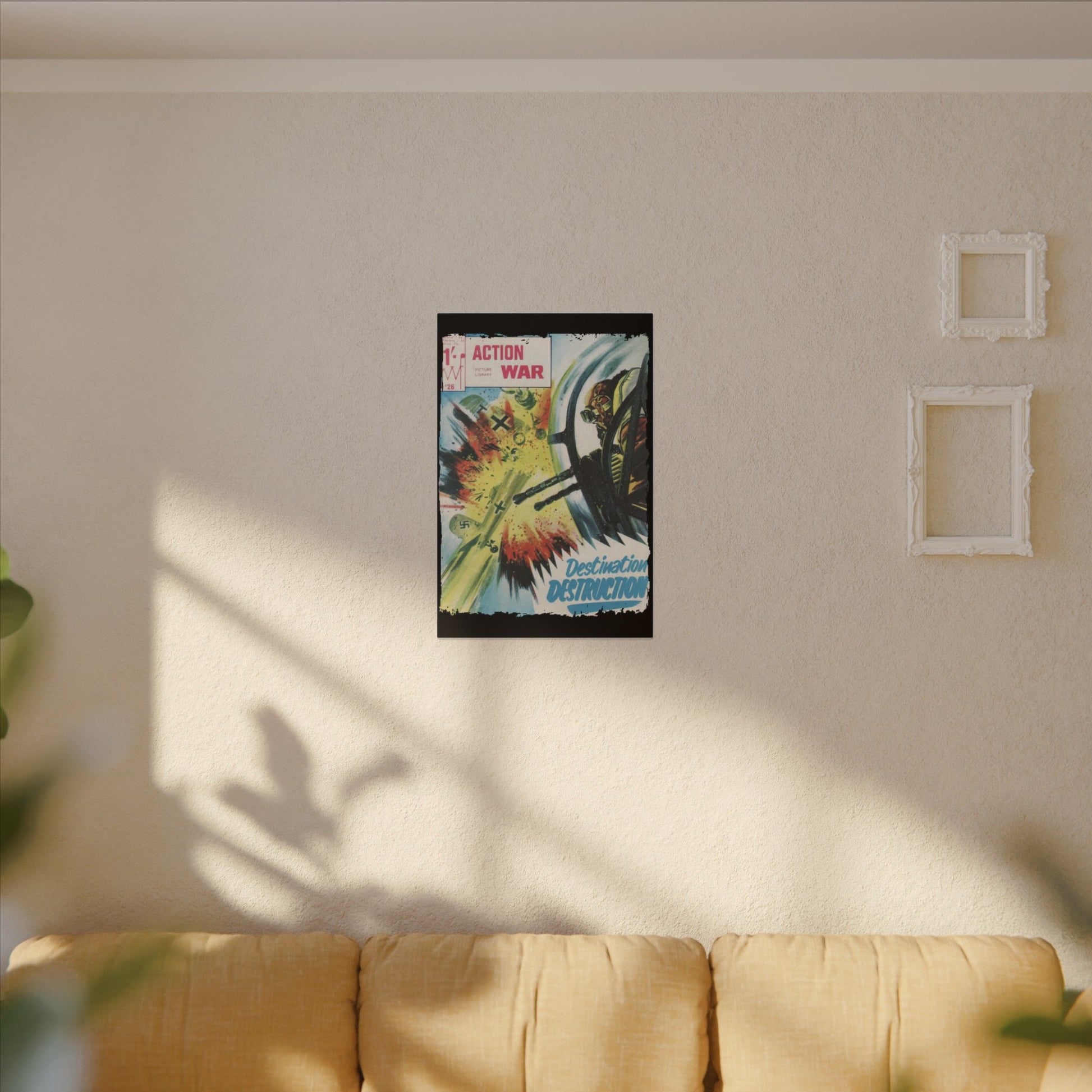 Close-up of the textured canvas surface highlighting the vintage print details and subtle color variations of Action War #26.