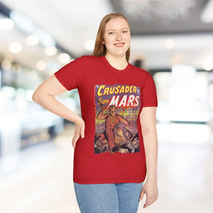 Close-up of the Crusader from Mars 1 T-shirt's vibrant red fabric, showcasing the smooth, slim fit and crew neckline detail.