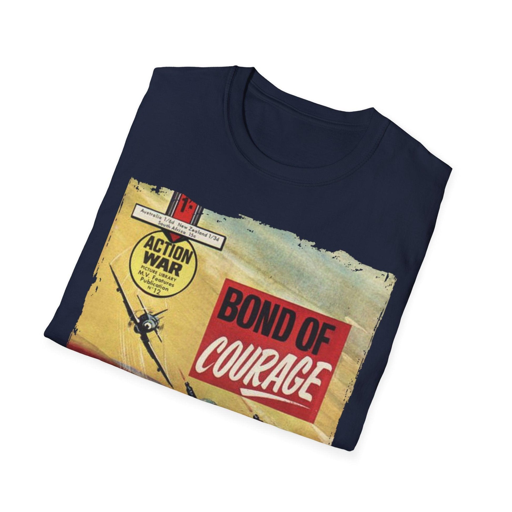 Close-up of the unisex softstyle T-shirt’s collar detail, showcasing the smooth neckline and reinforced stitching in navy